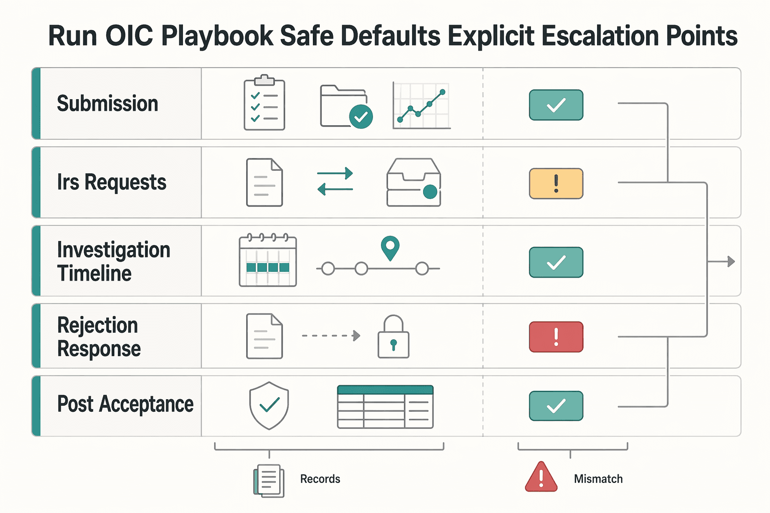 Diagram showing Run the OIC playbook with safe defaults and explicit escalation points for A Guide to the IRS Offer in Compromise (OIC) Program.