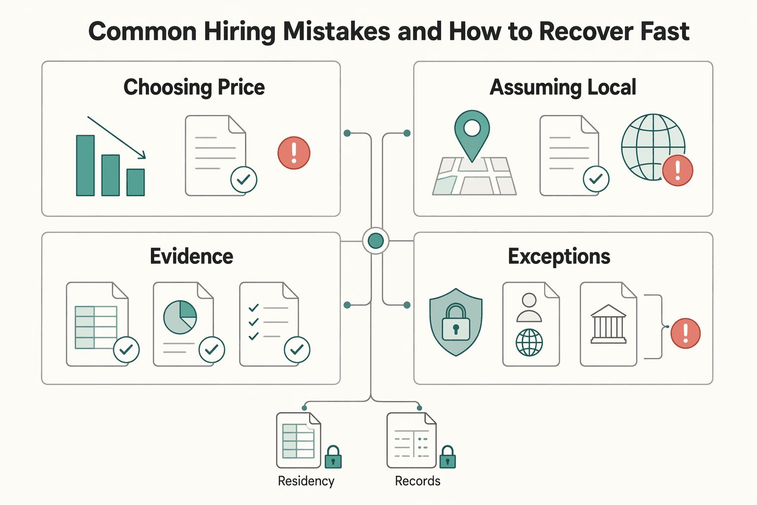 Diagram showing Common Hiring Mistakes and How to Recover Fast for How to Choose a Tax Preparer for Your Freelance Business.