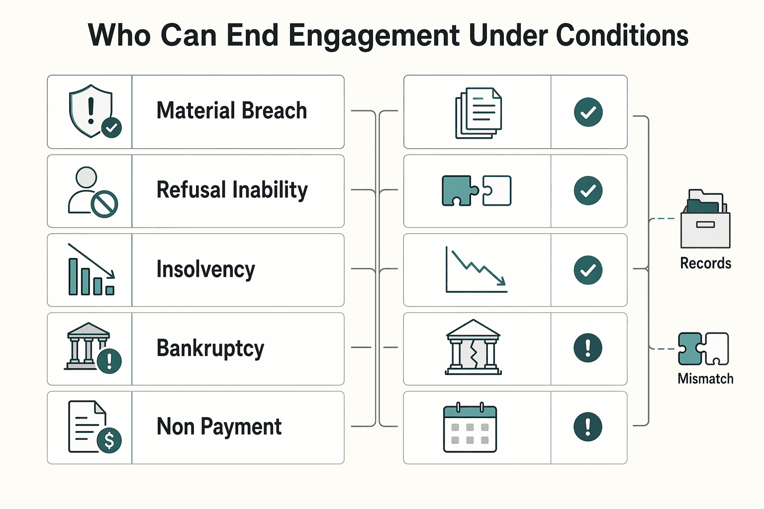 Diagram showing Who Can End the Engagement and Under What Conditions? for How to Handle Severance and Termination Clauses in a Consulting Agreement.