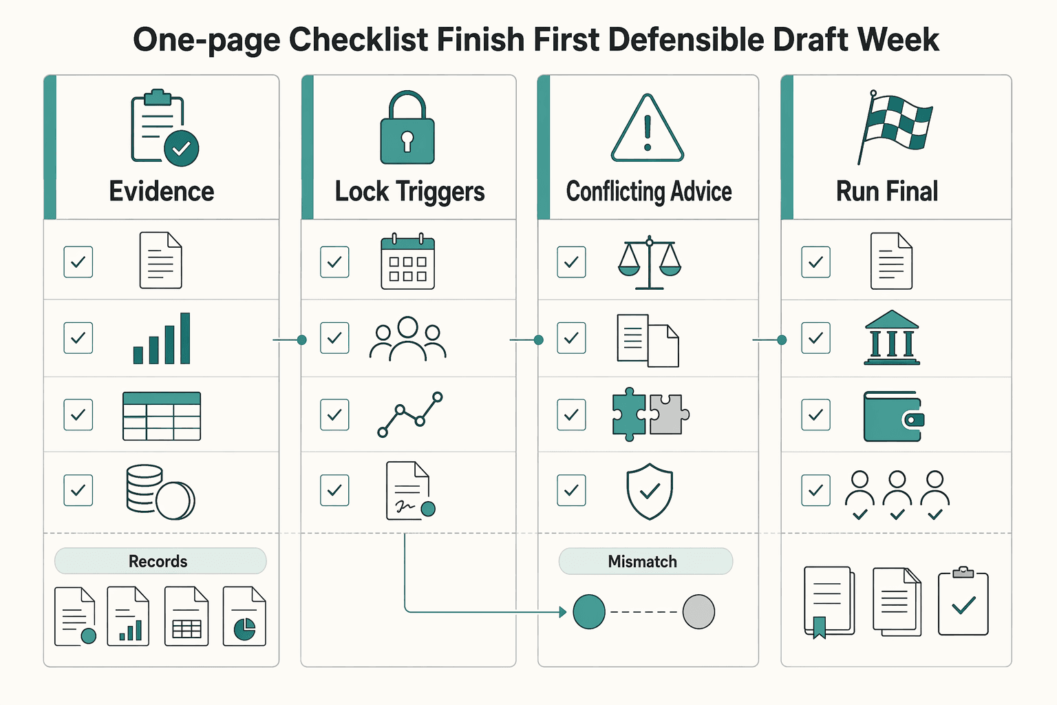 Diagram showing Use this one-page checklist to finish your first defensible draft this week for How to Create a Buy-Sell Agreement for a Partnership.