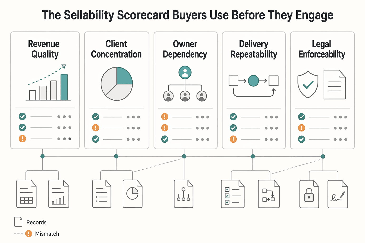 Diagram showing The sellability scorecard buyers use before they engage for A Guide to Selling Your Freelance Business or Agency.