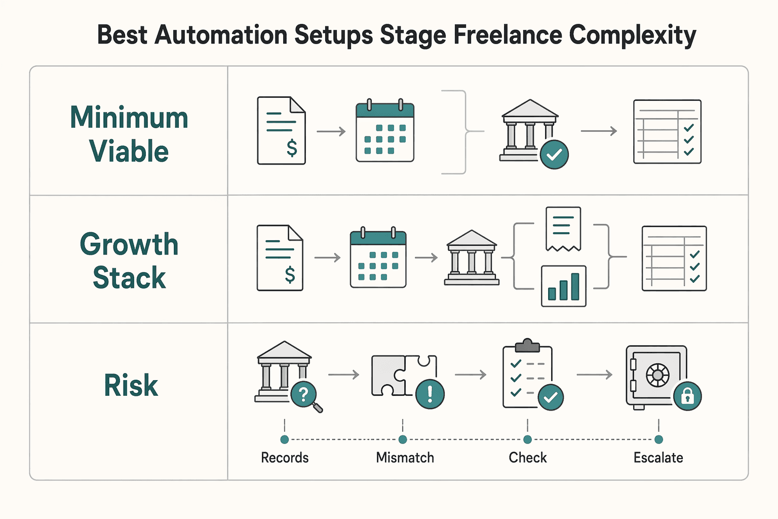 Diagram showing The best automation setups by stage of freelance complexity for Automating Freelance Finances Without Losing Cashflow Control.