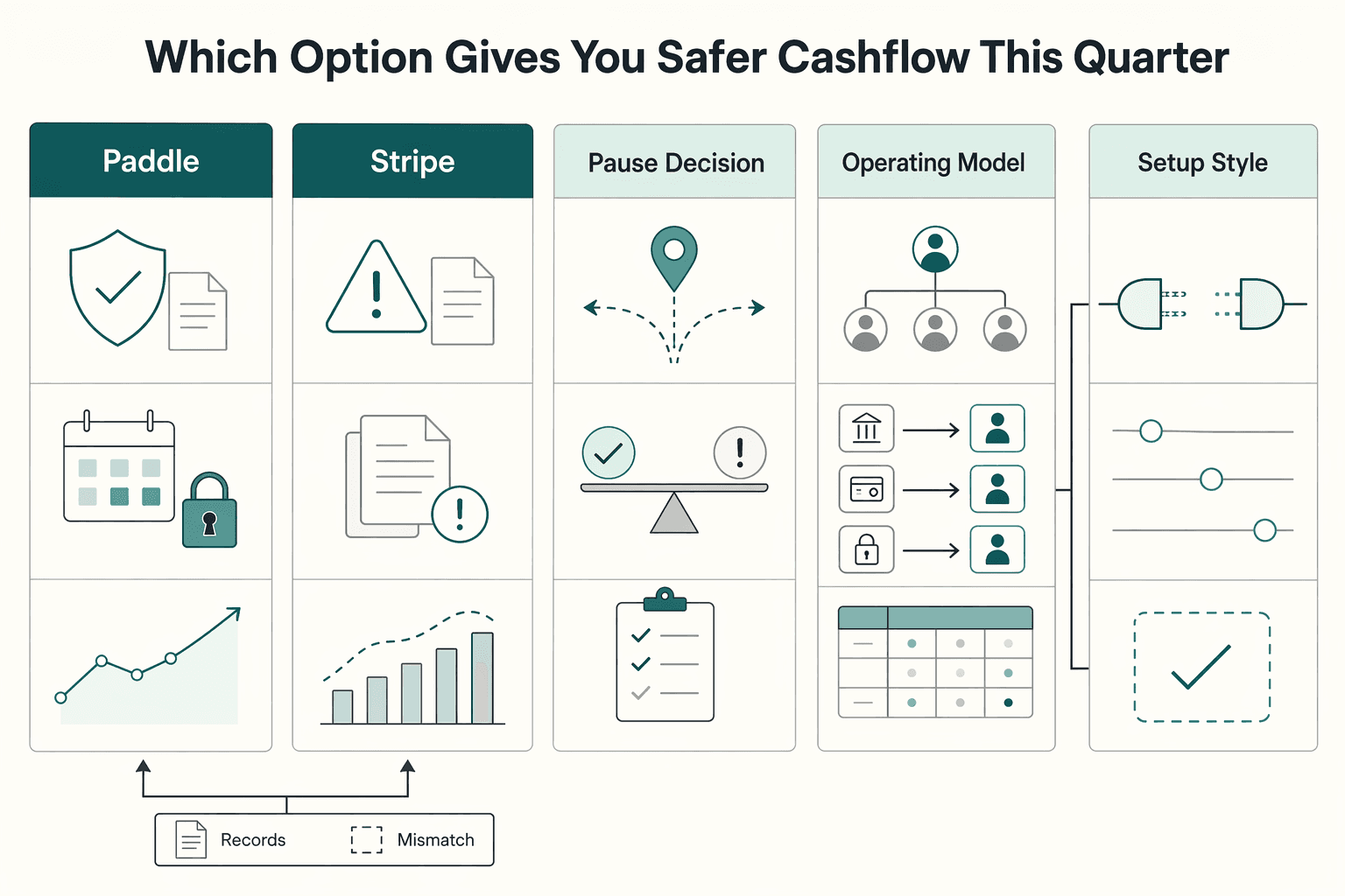 Diagram showing Which option gives you safer cashflow this quarter for Paddle vs. Stripe: A Comparison for SaaS Founders.