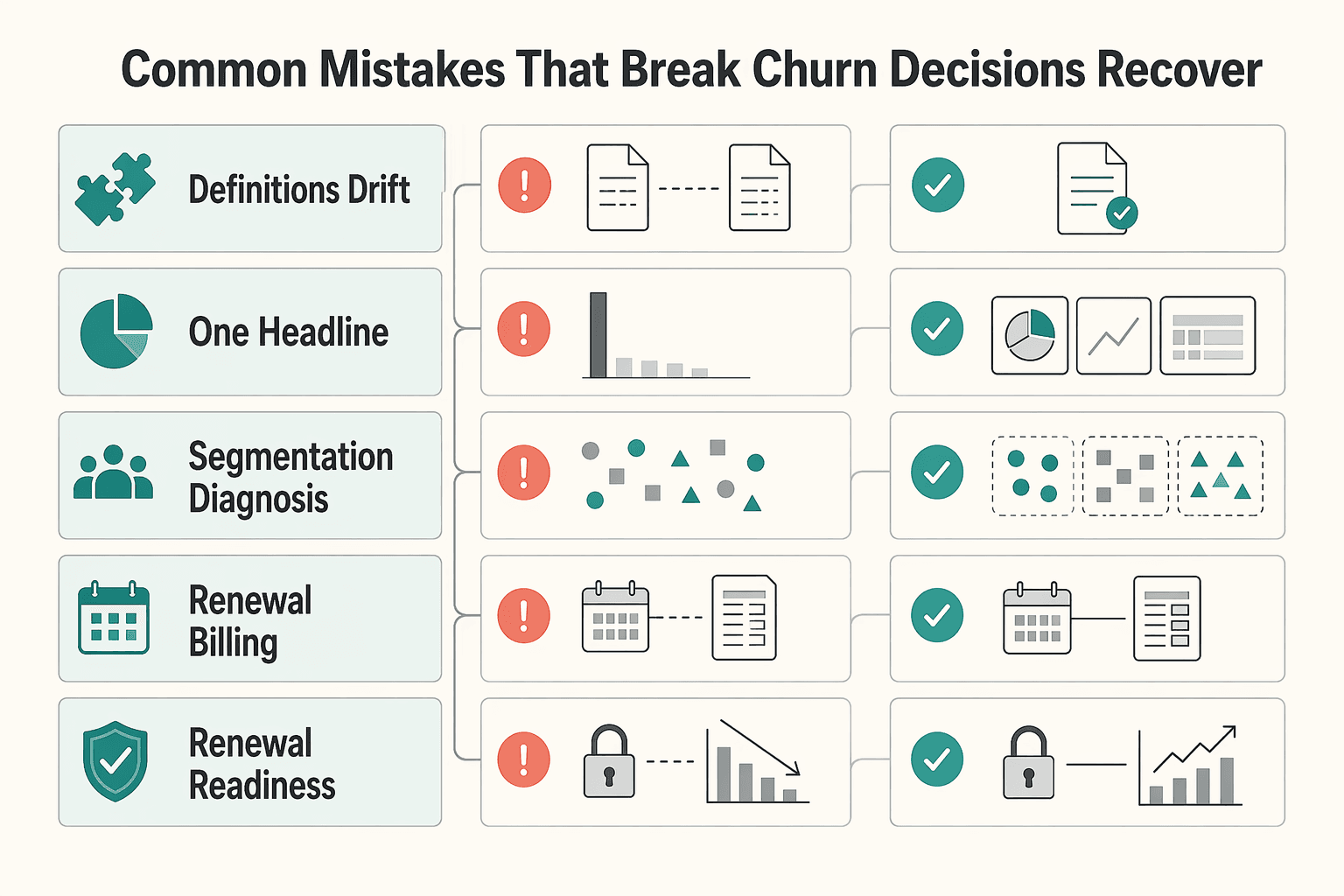 Diagram showing Common mistakes that break churn decisions and how to recover for How to Calculate and Manage Churn for a Subscription Business.