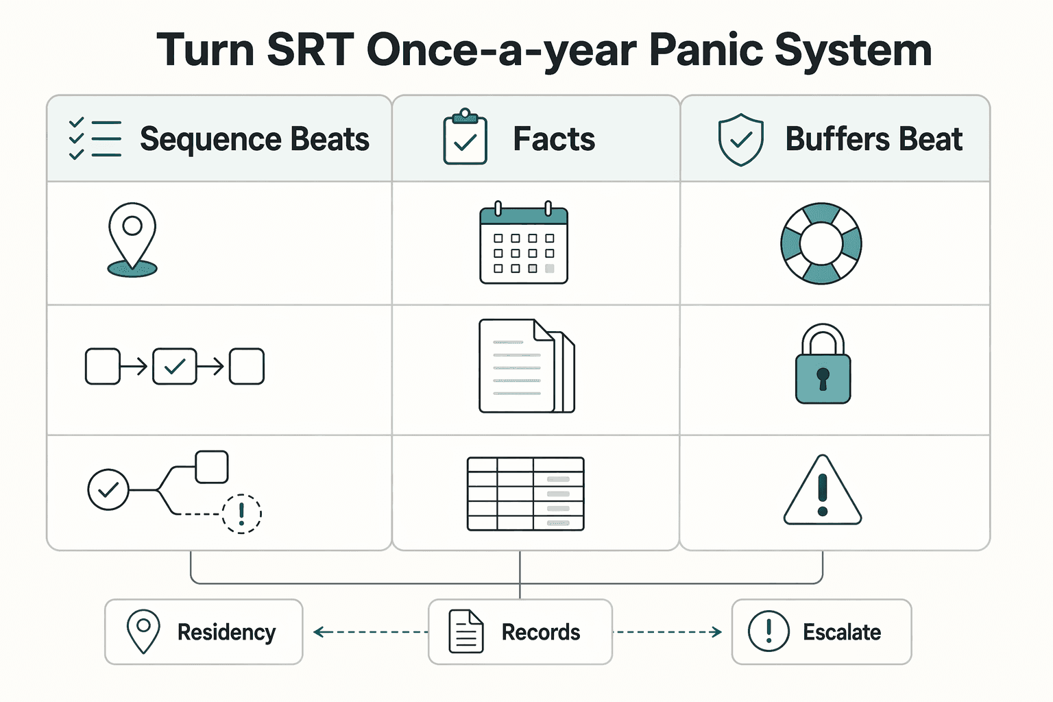 Diagram showing The bottom line: turn SRT from a once-a-year panic into an system for Understanding the UK's Statutory Residence Test (SRT).