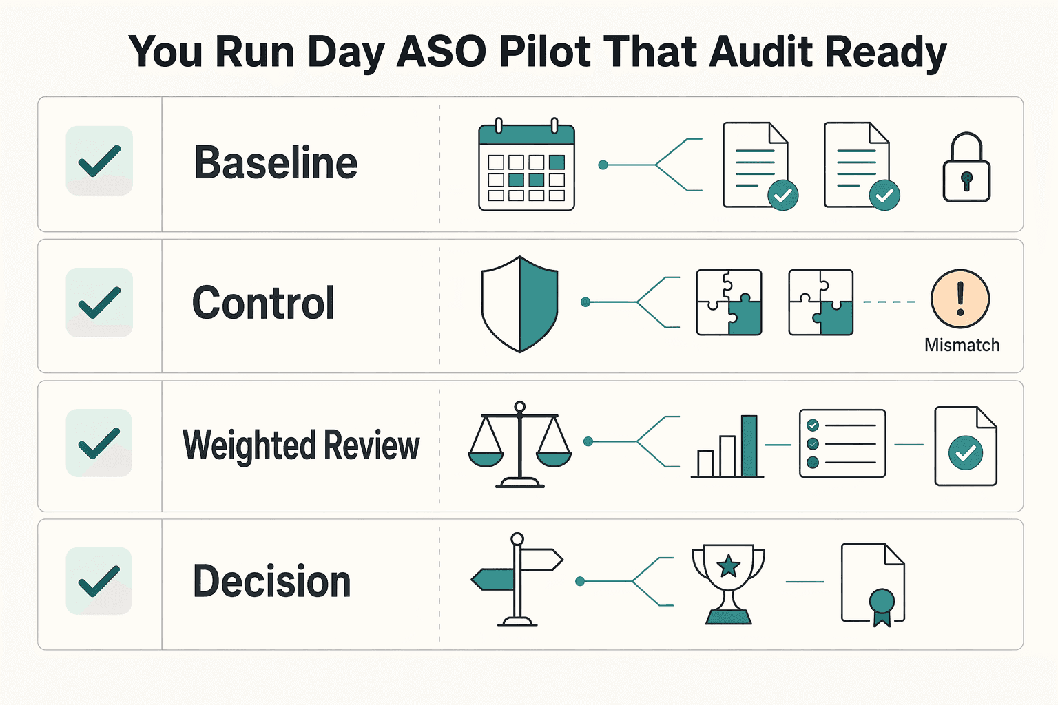 Diagram showing How do you run a 30 day ASO pilot that is audit ready and low risk? for The Best Tools for App Store Optimization (ASO).