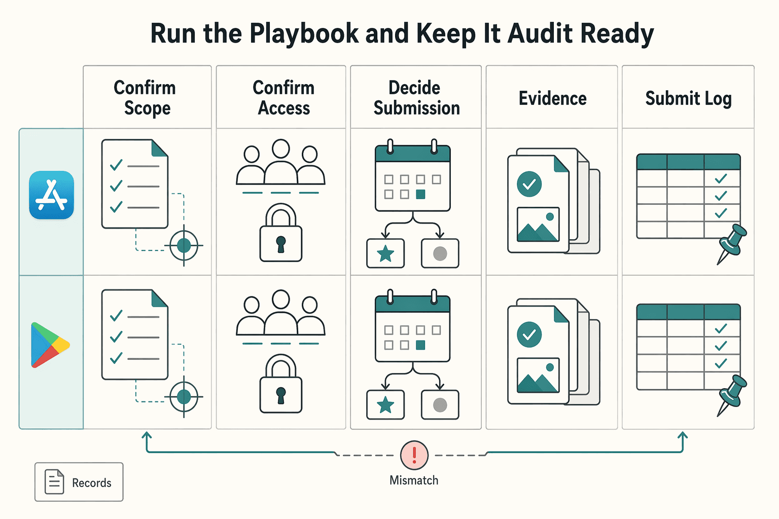 Diagram showing Run the Playbook and Keep It Audit Ready for How to Get Your App Featured on the App Store.