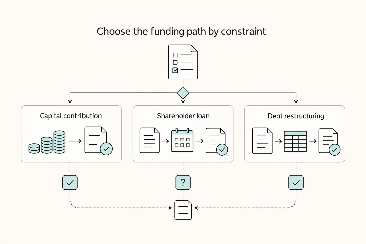 Choose the funding path by constraint: Capital contribution, Shareholder loan, and Debt restructuring.