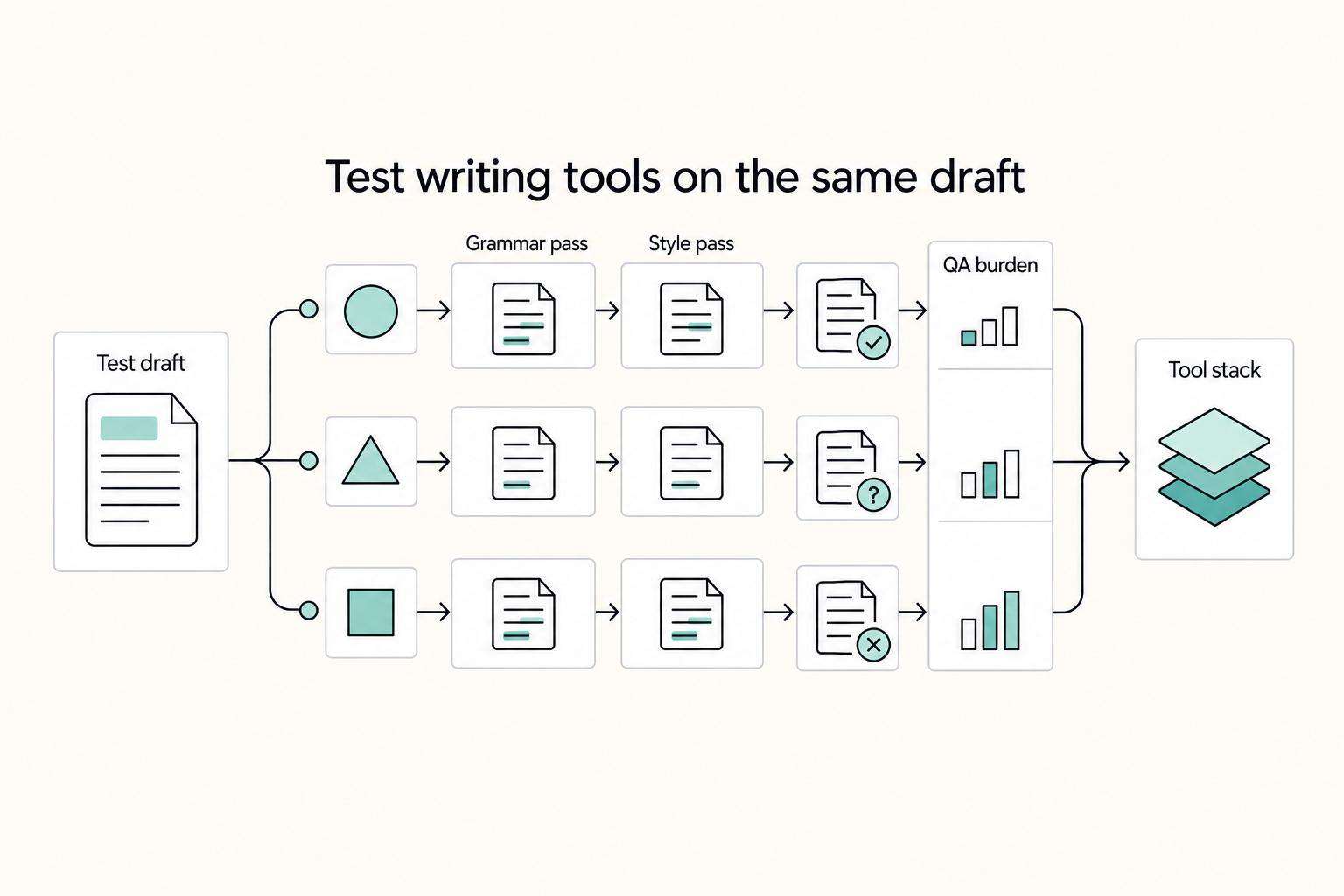 Test writing tools on the same draft: Test draft, Grammar pass, Style pass, QA burden, and Tool stack.
