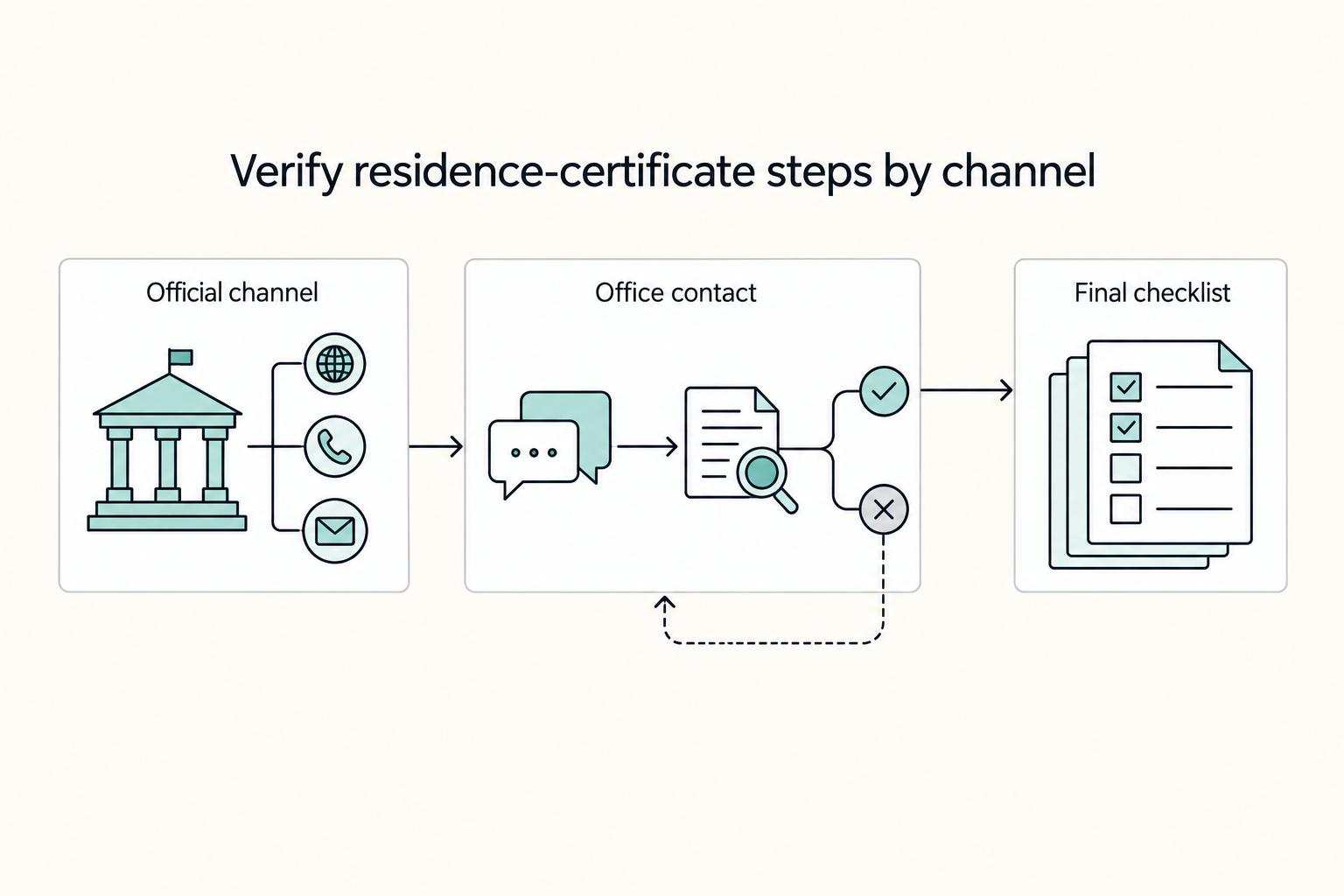 Verify residence-certificate steps by channel: Official channel, Office contact, and Final checklist.