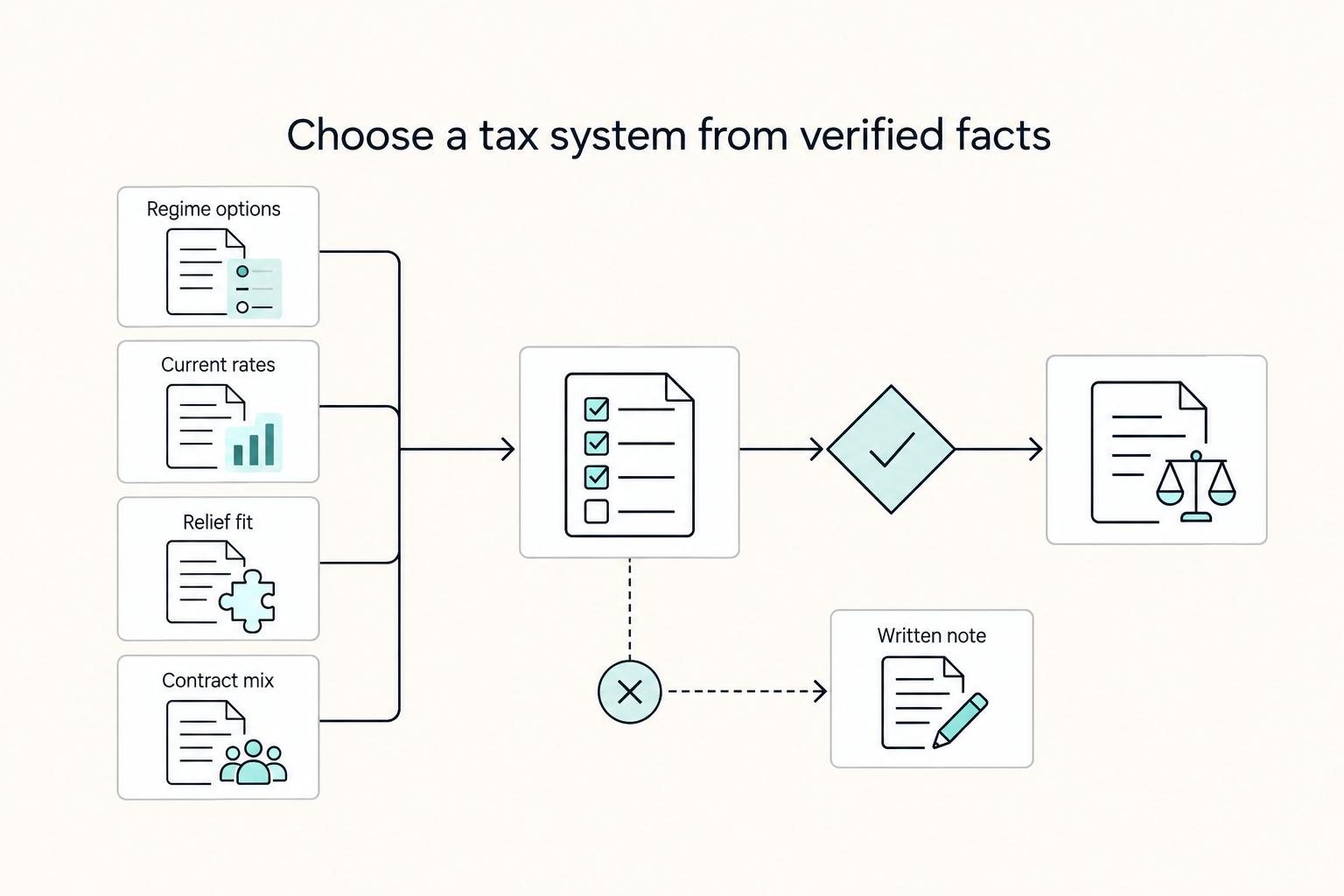 Choose a tax system from verified facts: Regime options, Current rates, Relief fit, Contract mix, and Written note.