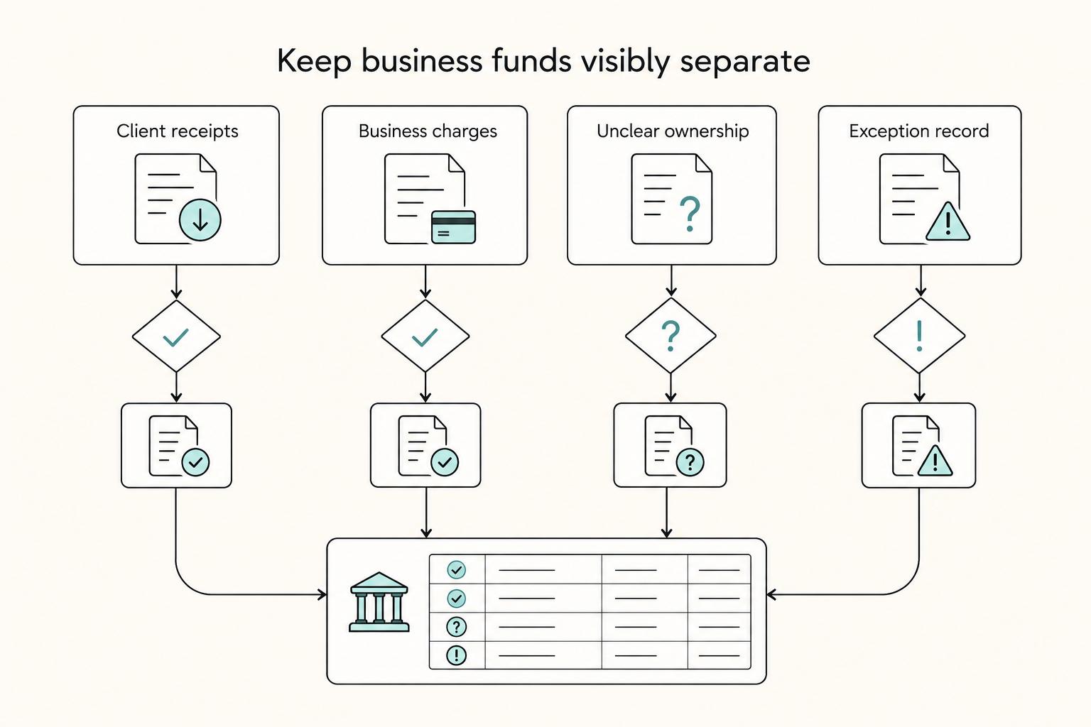 Keep business funds visibly separate: Client receipts, Business charges, Unclear ownership, and Exception record.
