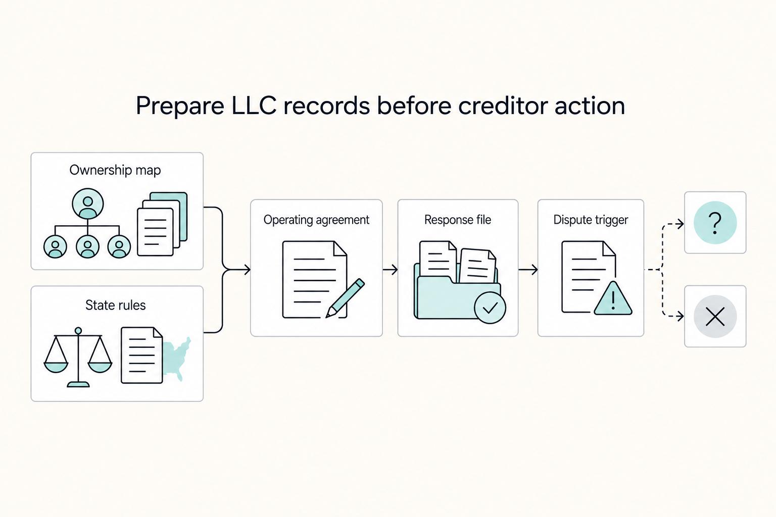 Prepare LLC records before creditor action: Ownership map, State rules, Operating agreement, Response file, and Dispute trigger.