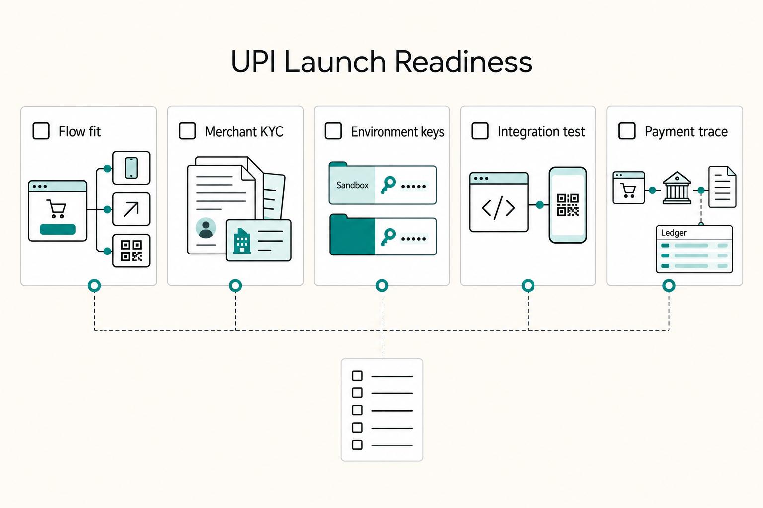 UPI Launch Readiness: Flow fit, Merchant KYC, Environment keys, Integration test, and Payment trace.