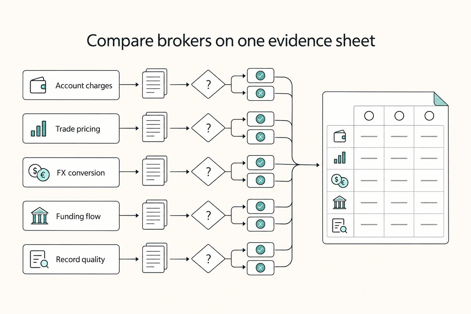 Compare brokers on one evidence sheet: Account charges, Trade pricing, FX conversion, Funding flow, and Record quality.
