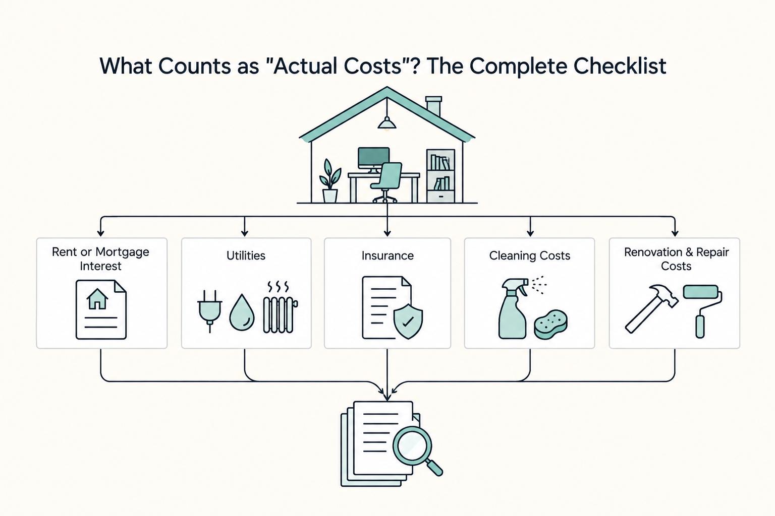 What Counts as "Actual Costs"? The Complete Checklist: Rent or Mortgage Interest, Utilities, Insurance, Cleaning Costs, and Renovation & Repair Costs.