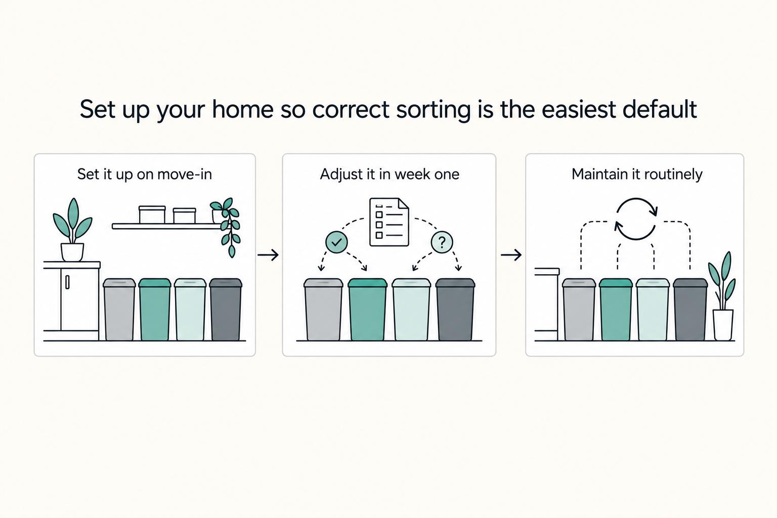 Set up your home so correct sorting is the easiest default: Set it up on move-in, Adjust it in week one, and Maintain it routinely.