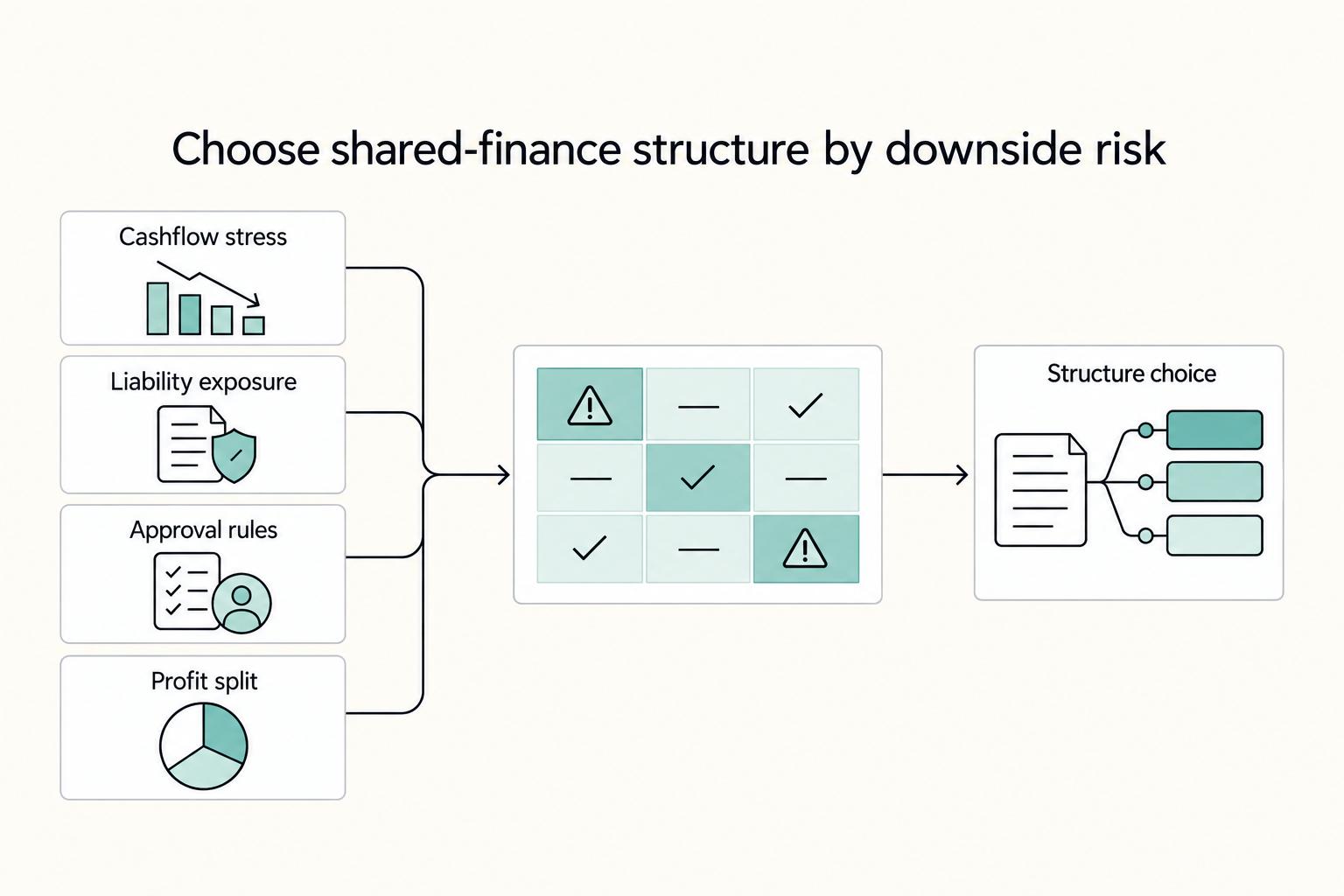 Choose shared-finance structure by downside risk: Cashflow stress, Liability exposure, Approval rules, Profit split, and Structure choice.