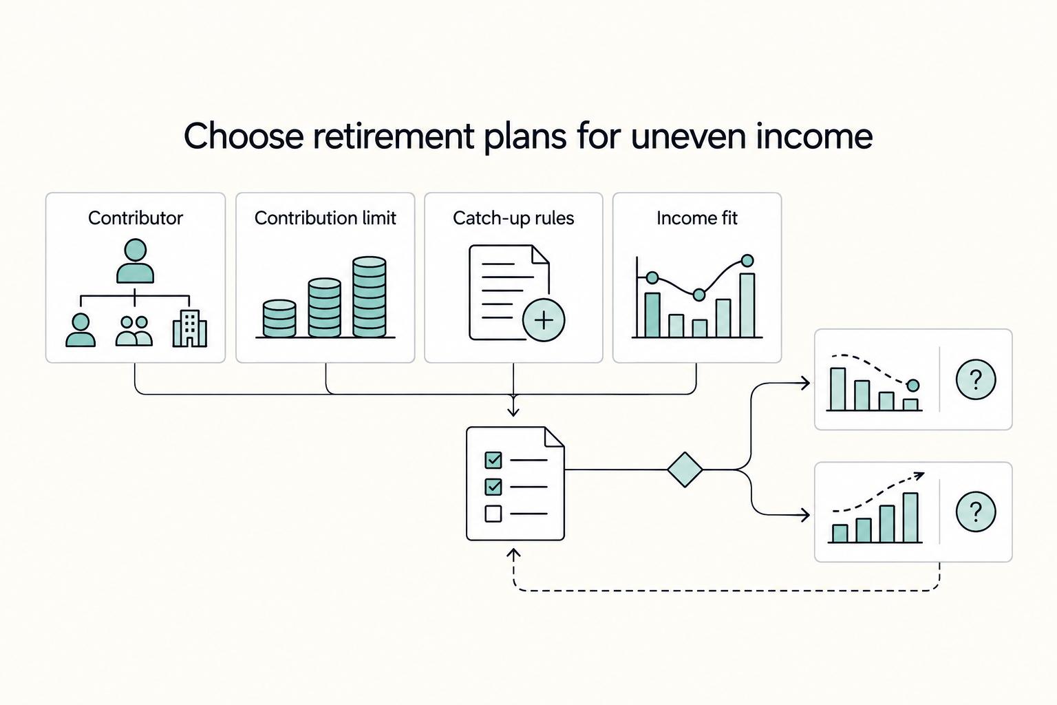 Choose retirement plans for uneven income: Contributor, Contribution limit, Catch-up rules, and Income fit.