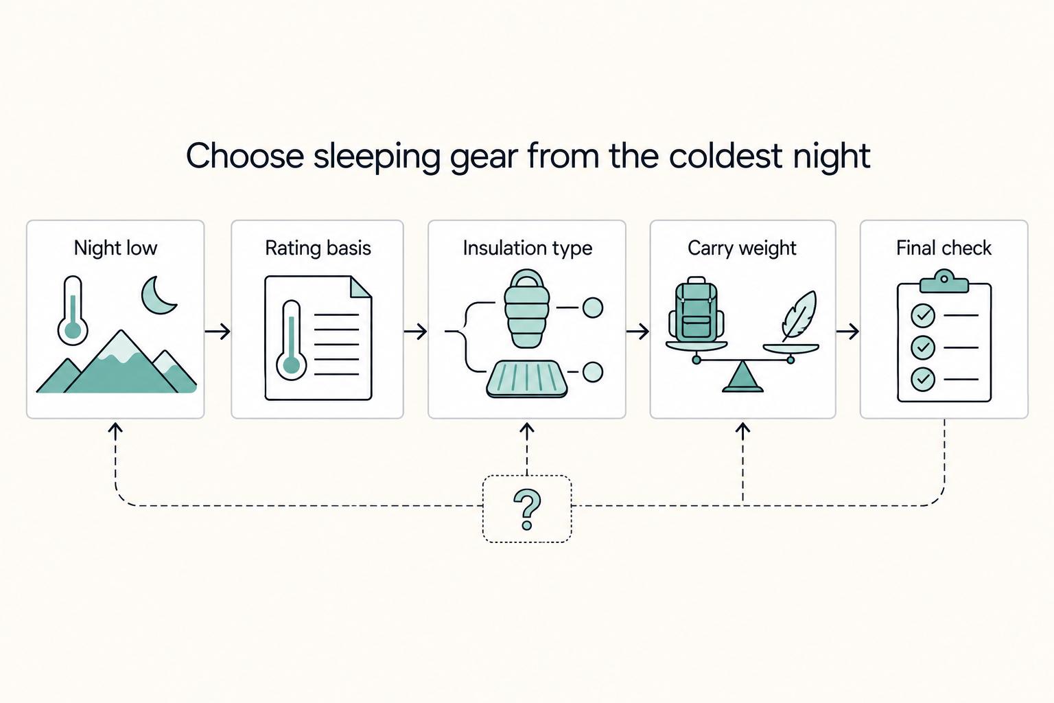 Choose sleeping gear from the coldest night: Night low, Rating basis, Insulation type, Carry weight, and Final check.