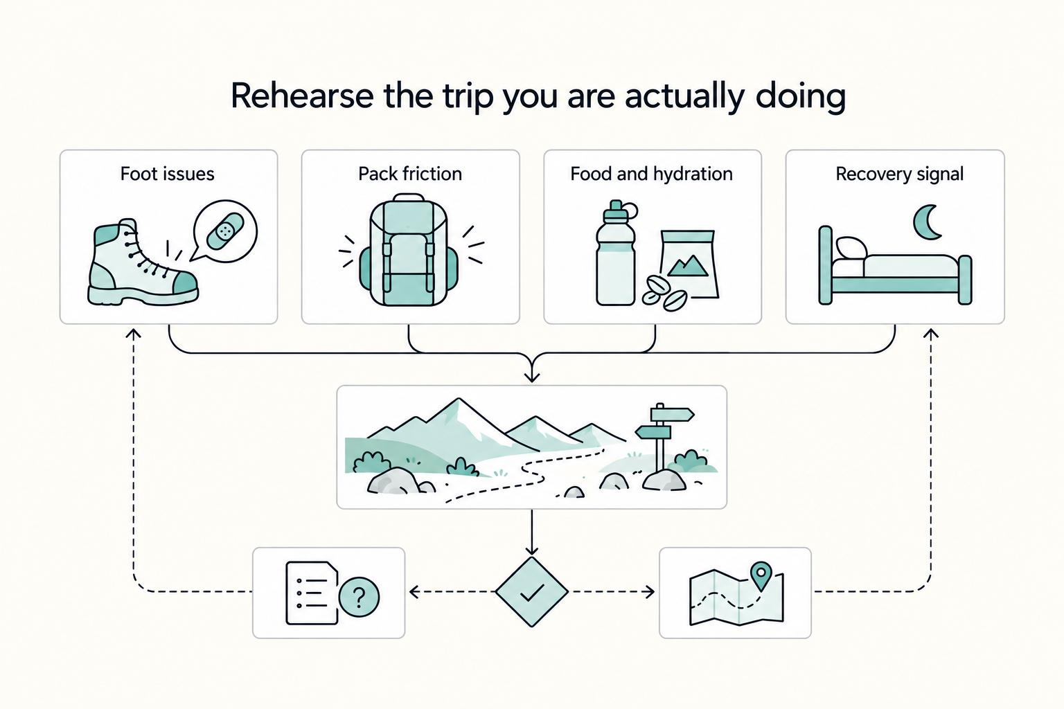 Rehearse the trip you are actually doing: Foot issues, Pack friction, Food and hydration, and Recovery signal.