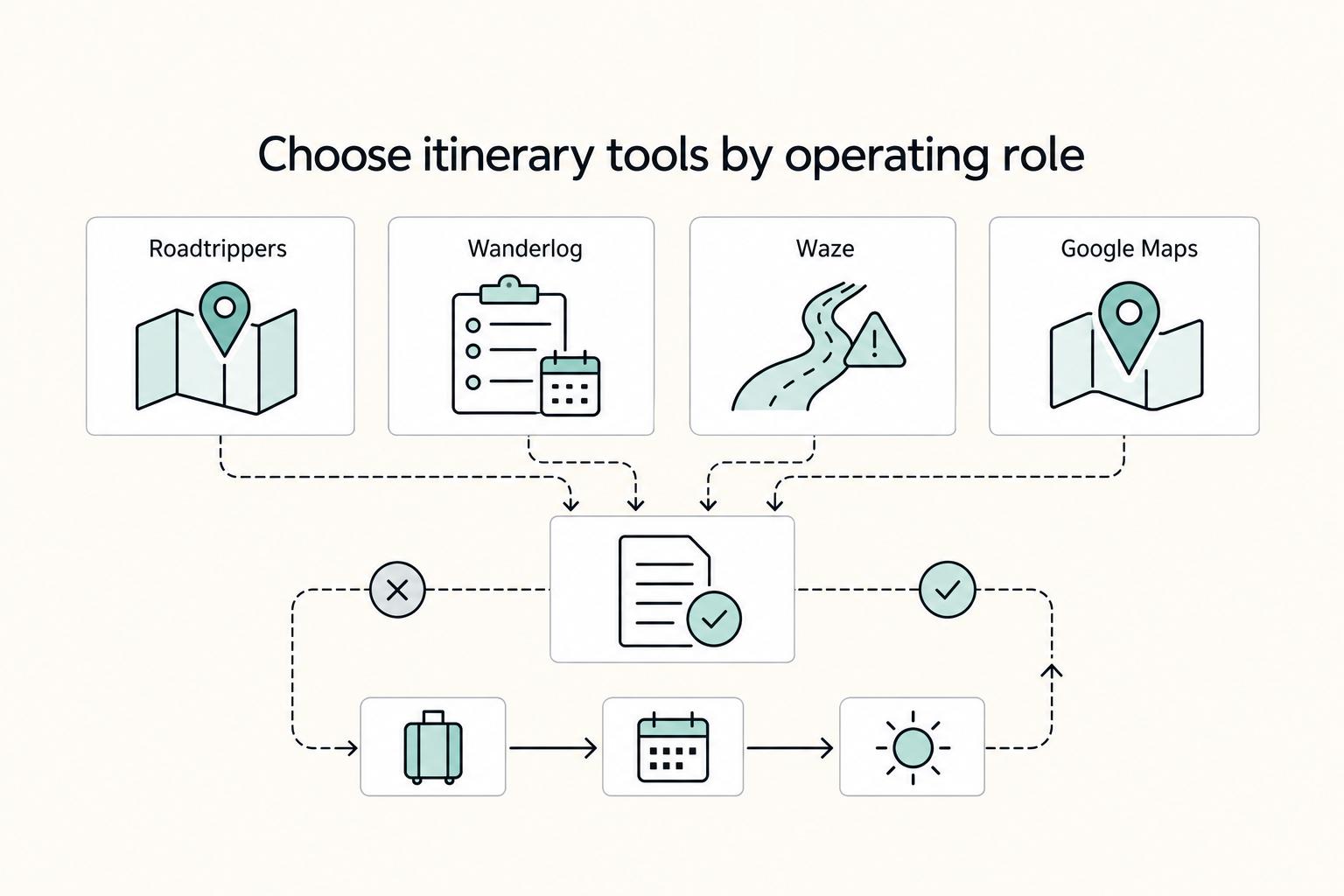 Choose itinerary tools by operating role: Google Maps, Roadtrippers, Wanderlog, and Waze.