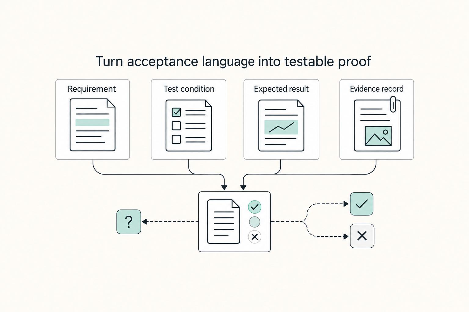 Turn acceptance language into testable proof: Requirement, Test condition, Expected result, and Evidence record.