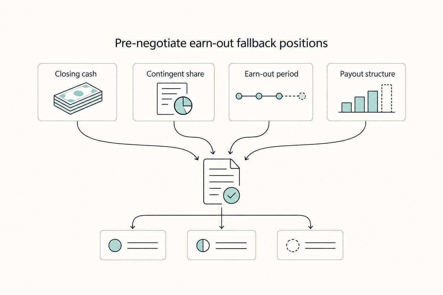 Pre-negotiate earn-out fallback positions: Closing cash, Contingent share, Earn-out period, and Payout structure.
