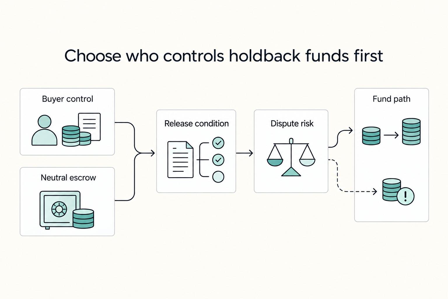 Choose who controls holdback funds first: Buyer control, Neutral escrow, Release condition, Dispute risk, and Fund path.