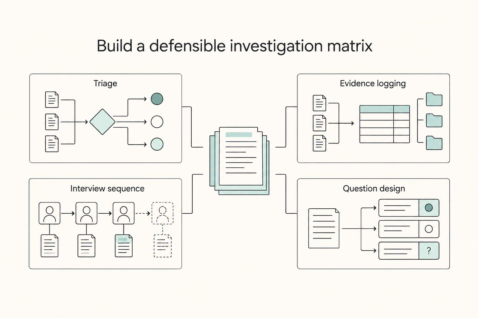 Build a defensible investigation matrix: Triage, Evidence logging, Interview sequence, and Question design.