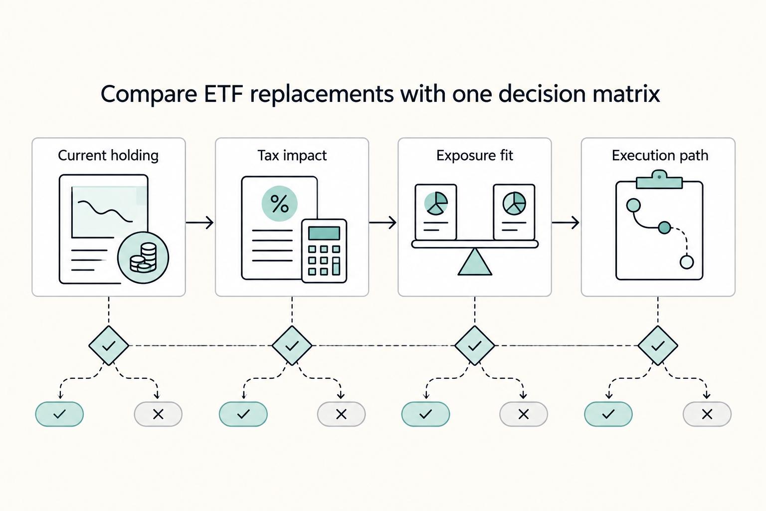 Compare ETF replacements with one decision matrix: Current holding, Tax impact, Exposure fit, and Execution path.