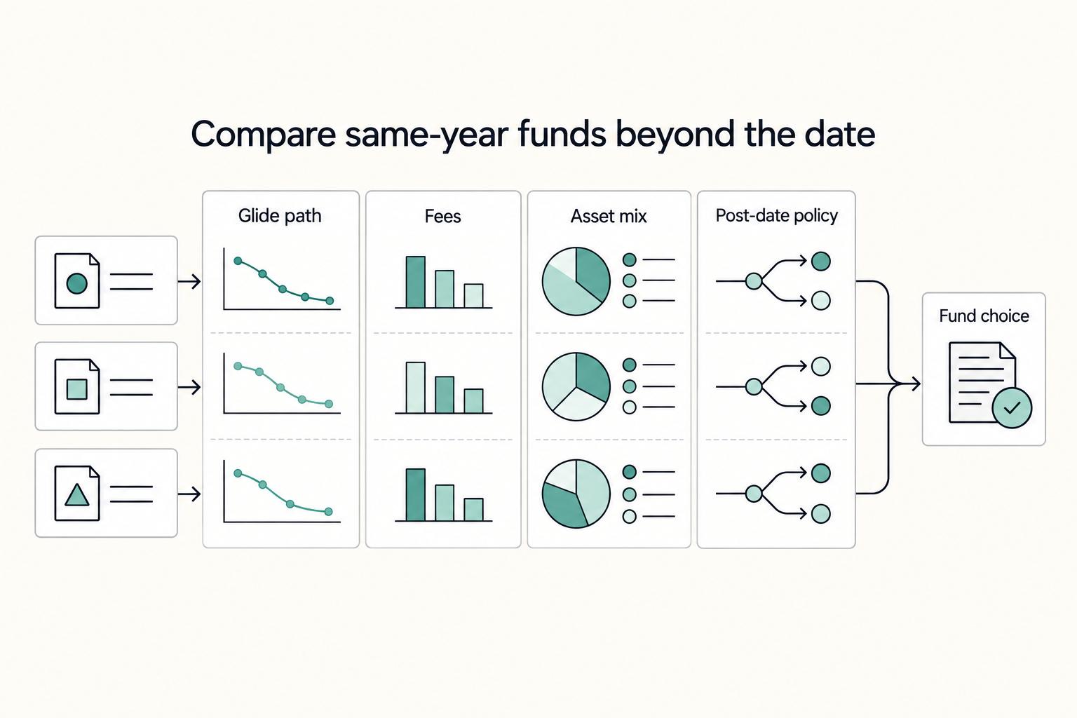 Compare same-year funds beyond the date: Glide path, Fees, Asset mix, Post-date policy, and Fund choice.