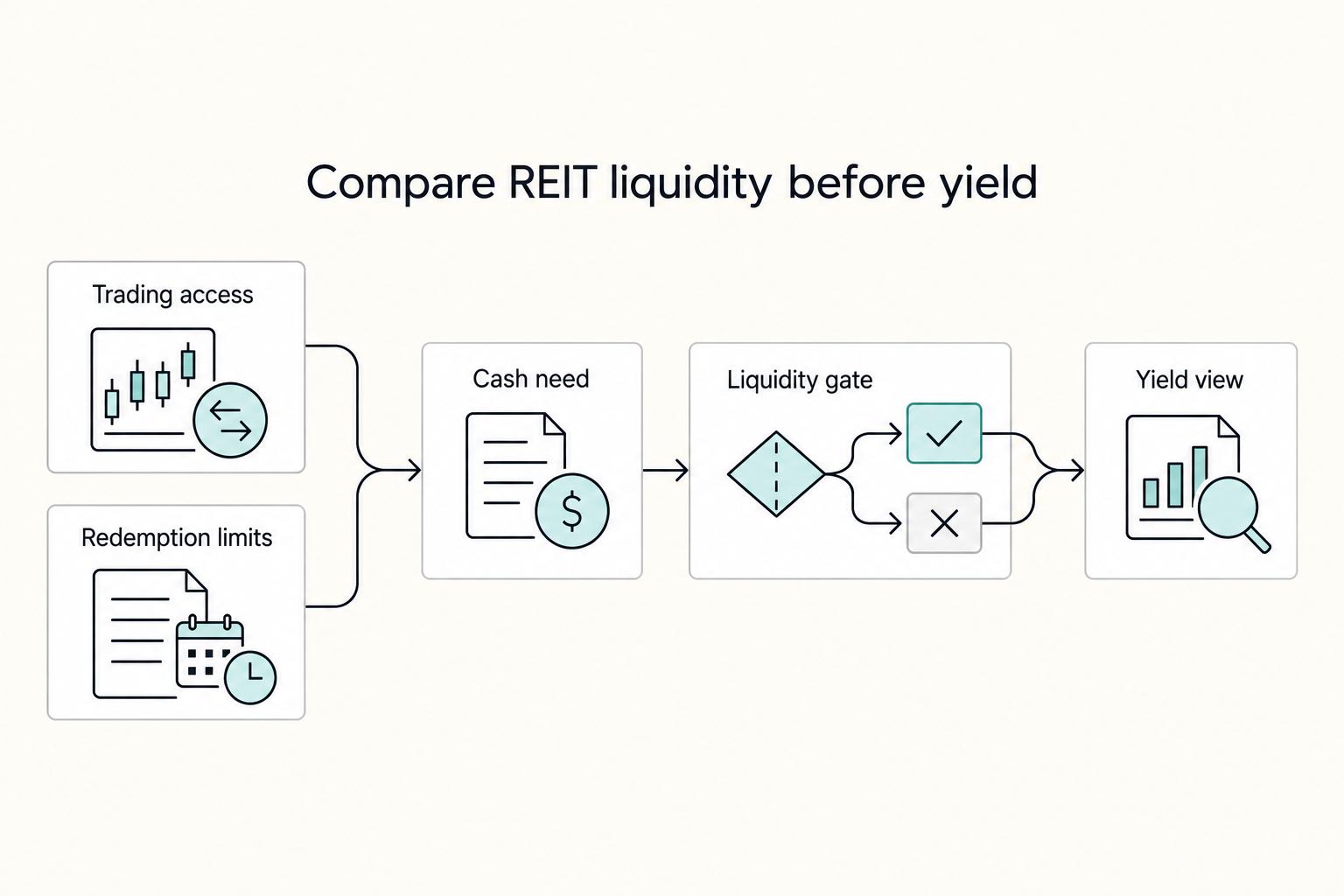 Compare REIT liquidity before yield: Trading access, Redemption limits, Cash need, Yield view, and Liquidity gate.