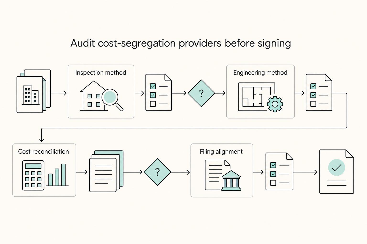 Audit cost-segregation providers before signing: Inspection method, Engineering method, Cost reconciliation, and Filing alignment.