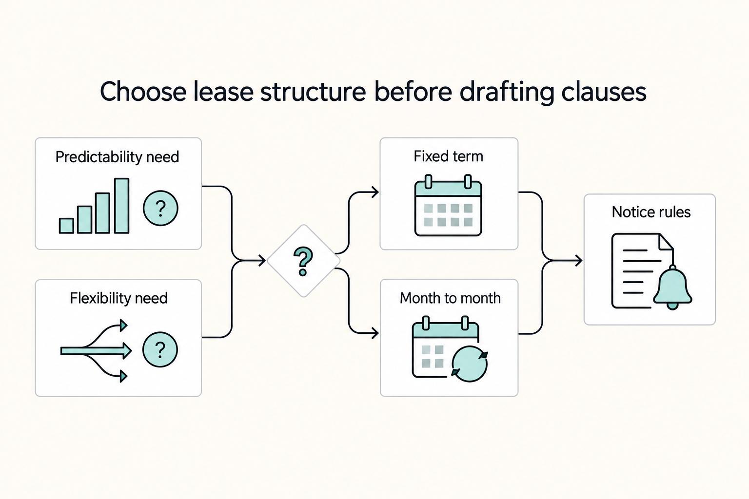 Choose lease structure before drafting clauses: Predictability need, Flexibility need, Fixed term, Month to month, and Notice rules.