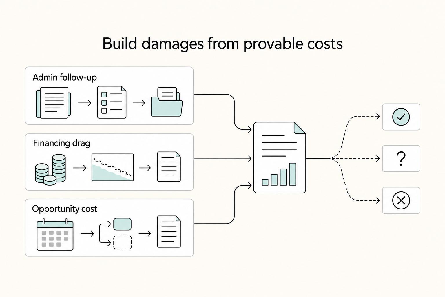 Build damages from provable costs: Admin follow-up, Financing drag, and Opportunity cost.