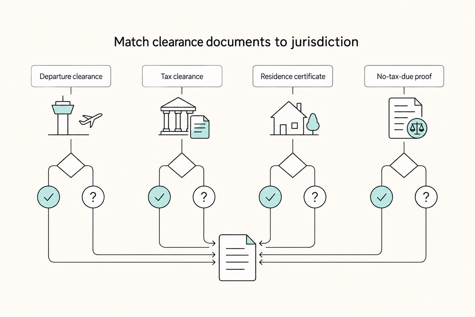 Match clearance documents to jurisdiction: Departure clearance, Tax clearance, Residence certificate, and No-tax-due proof.