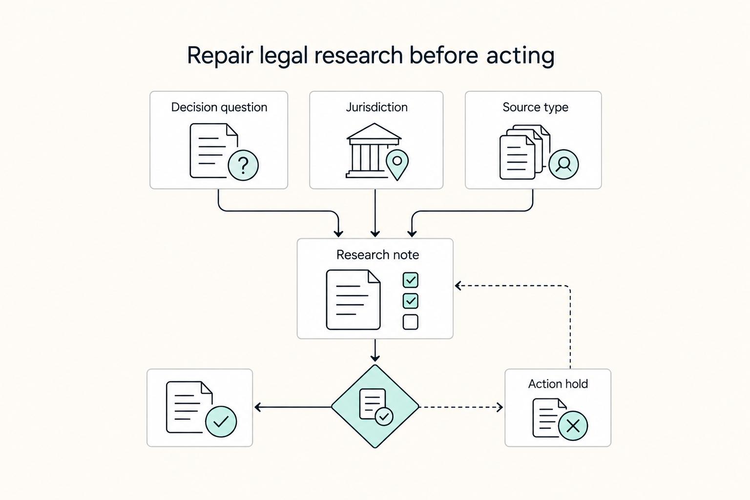 Repair legal research before acting: Decision question, Jurisdiction, Source type, Research note, and Action hold.