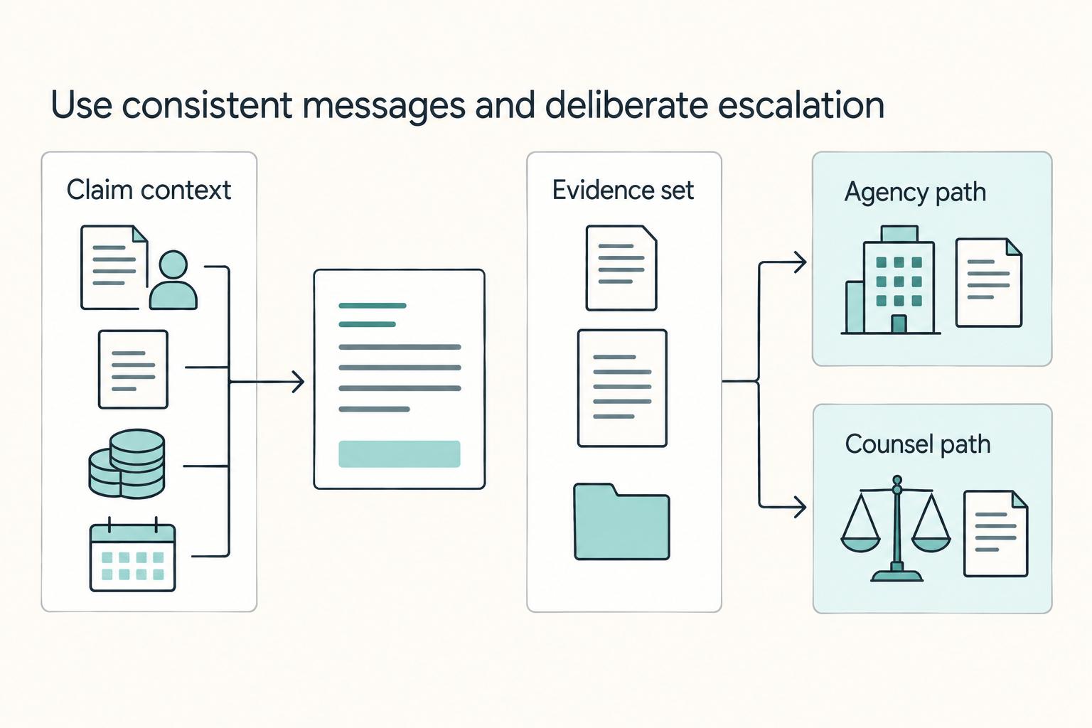 Use consistent messages and deliberate escalation: Claim context, Evidence set, Agency path, and Counsel path.