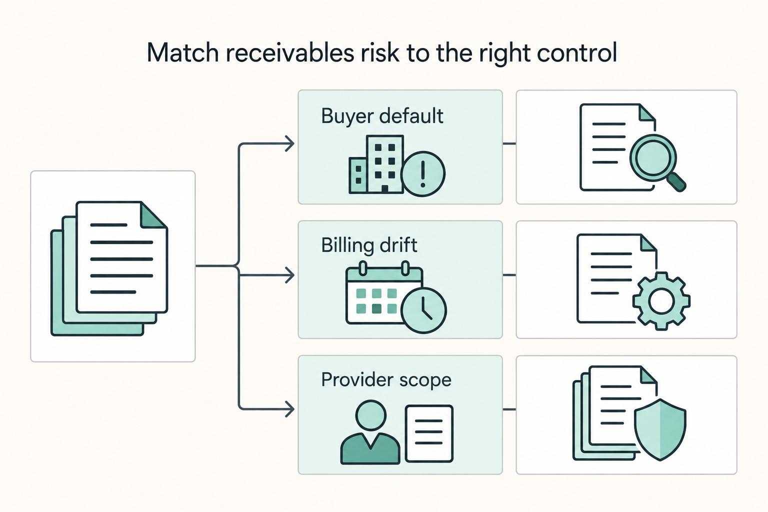 Match receivables risk to the right control: Buyer default, Billing drift, and Provider scope.