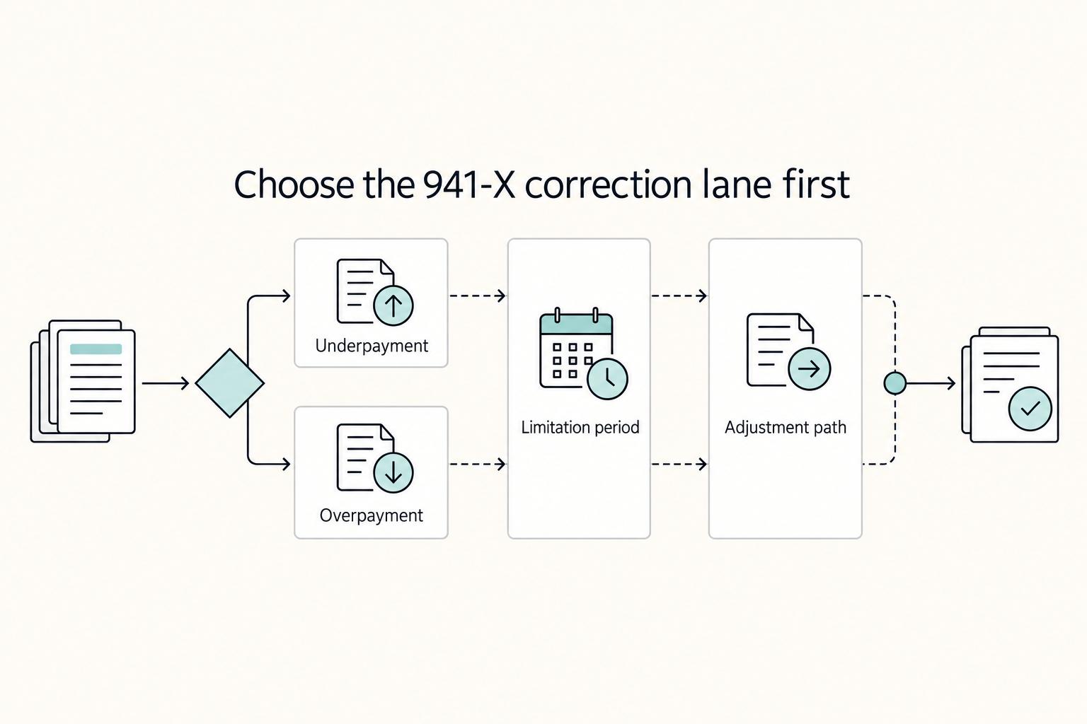 Choose the 941-X correction lane first: Underpayment, Overpayment, Limitation period, and Adjustment path.