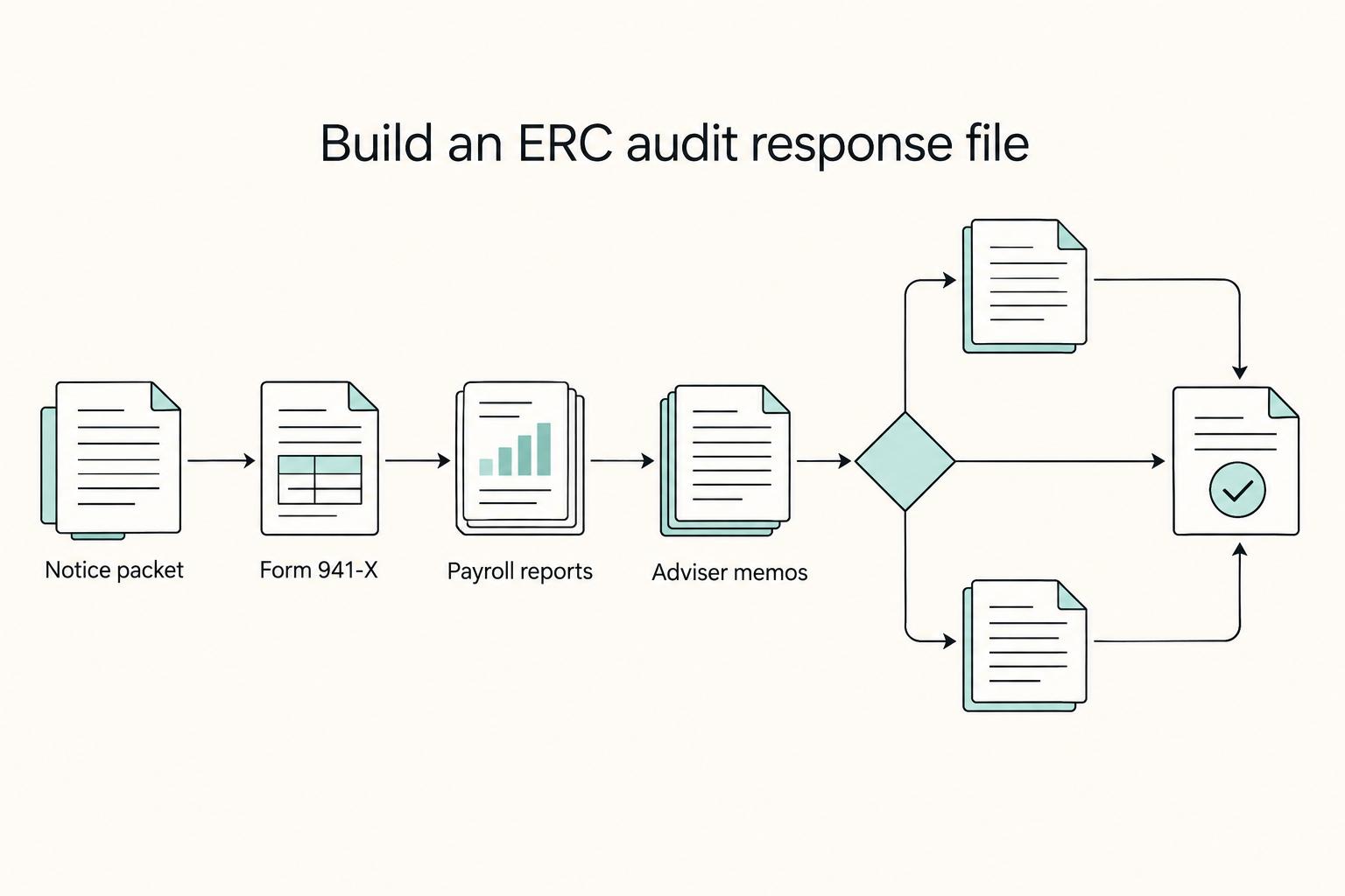 Build an ERC audit response file: Notice packet, Form 941-X, Payroll reports, and Adviser memos.