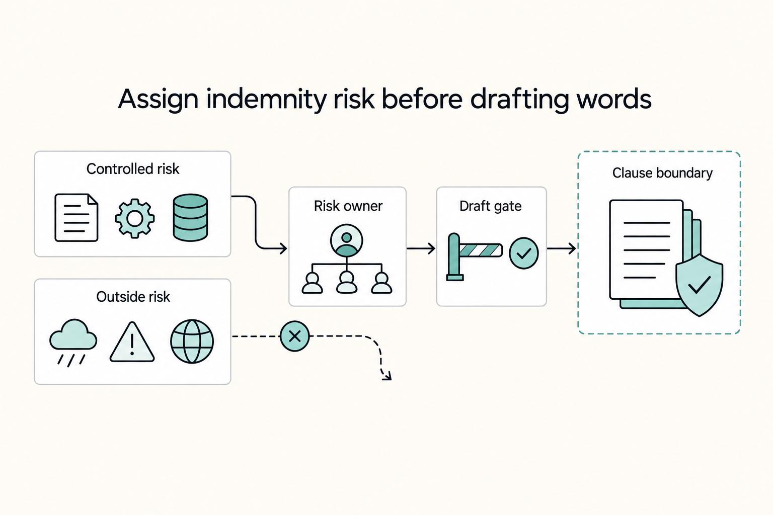 Assign indemnity risk before drafting words: Controlled risk, Outside risk, Risk owner, Clause boundary, and Draft gate.