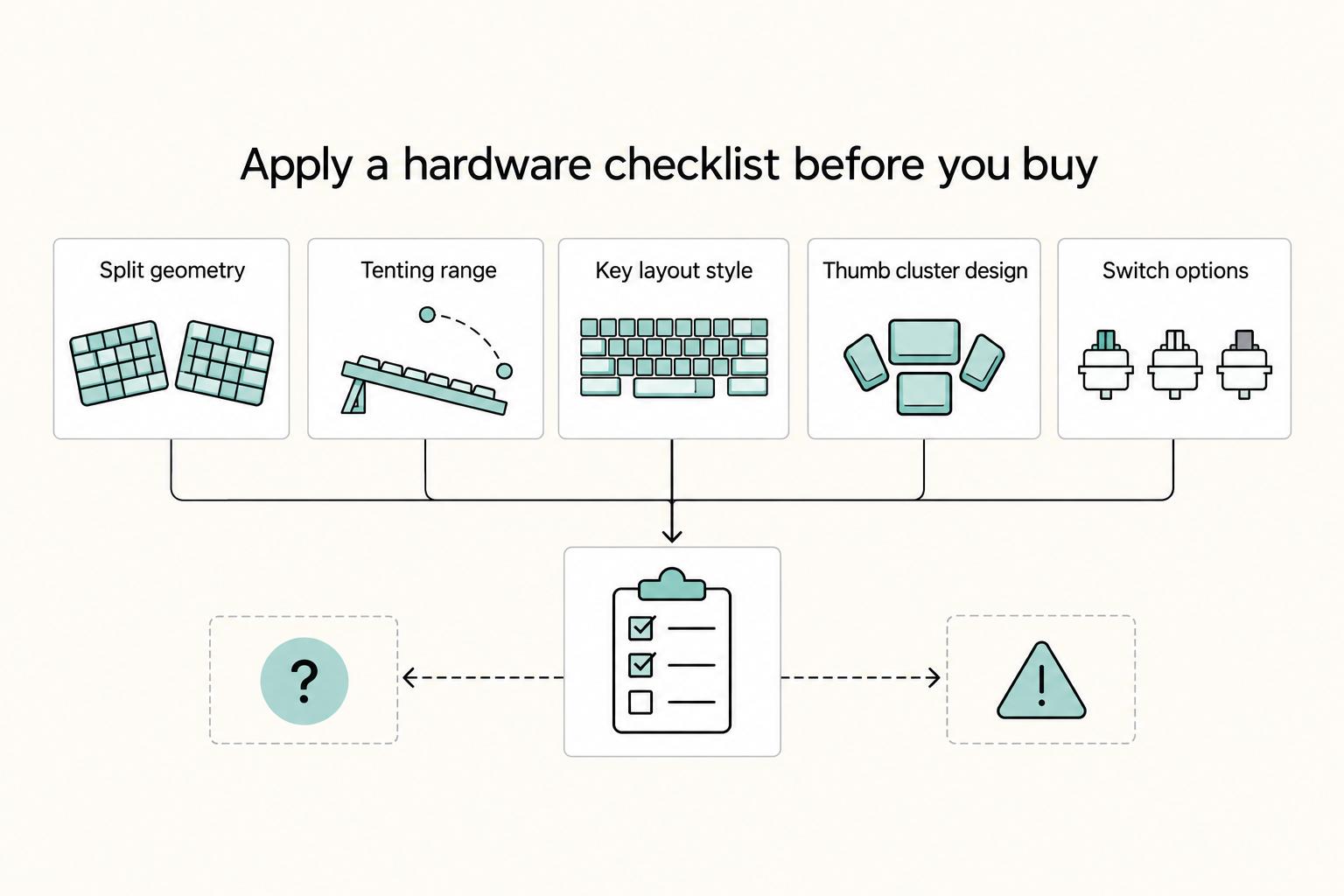 Apply a hardware checklist before you buy: Split geometry, Tenting range, Key layout style, Thumb cluster design, and Switch options.