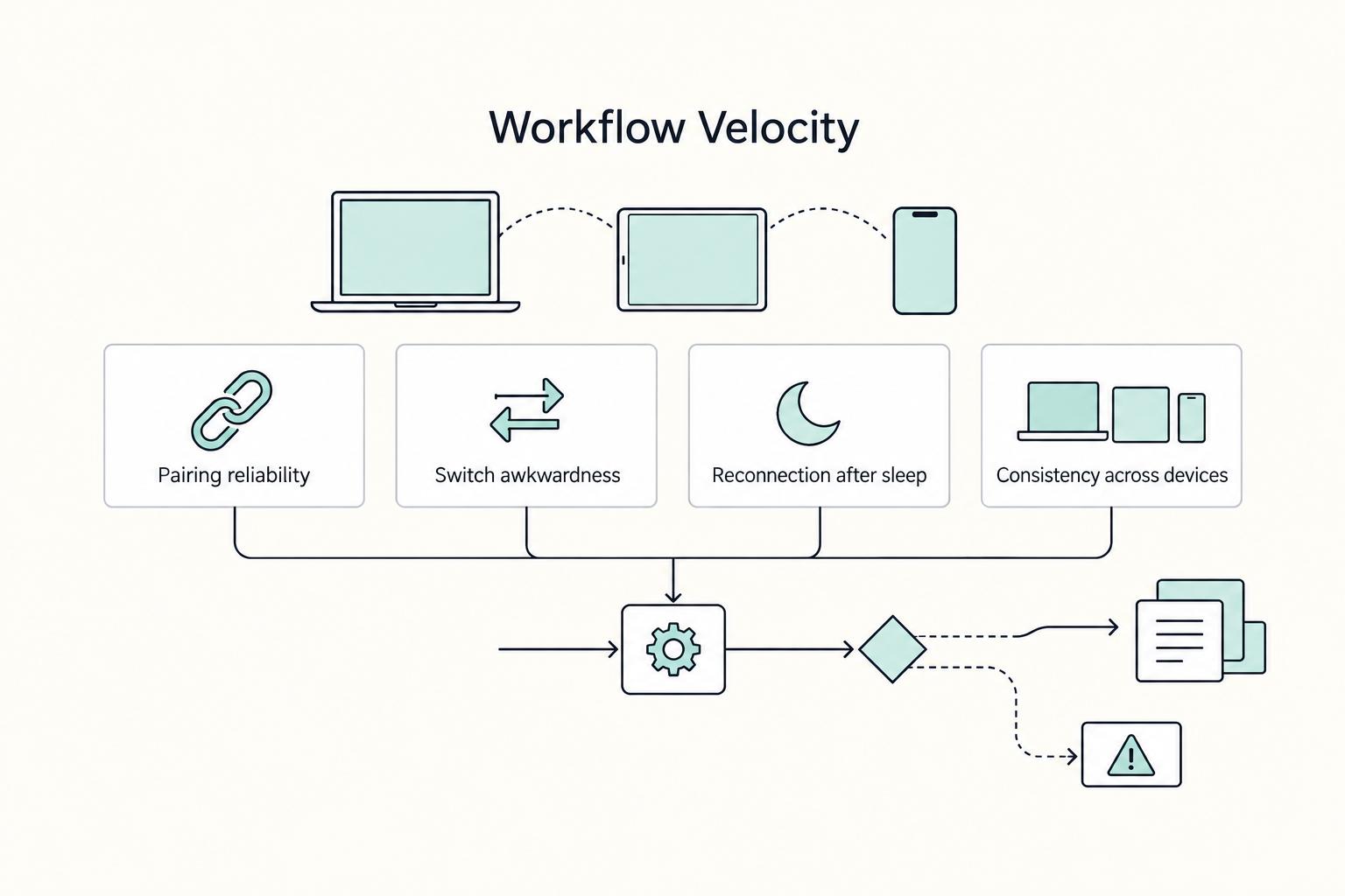 Workflow Velocity: Pairing reliability, Switch awkwardness, Reconnection after sleep, and Consistency across devices.