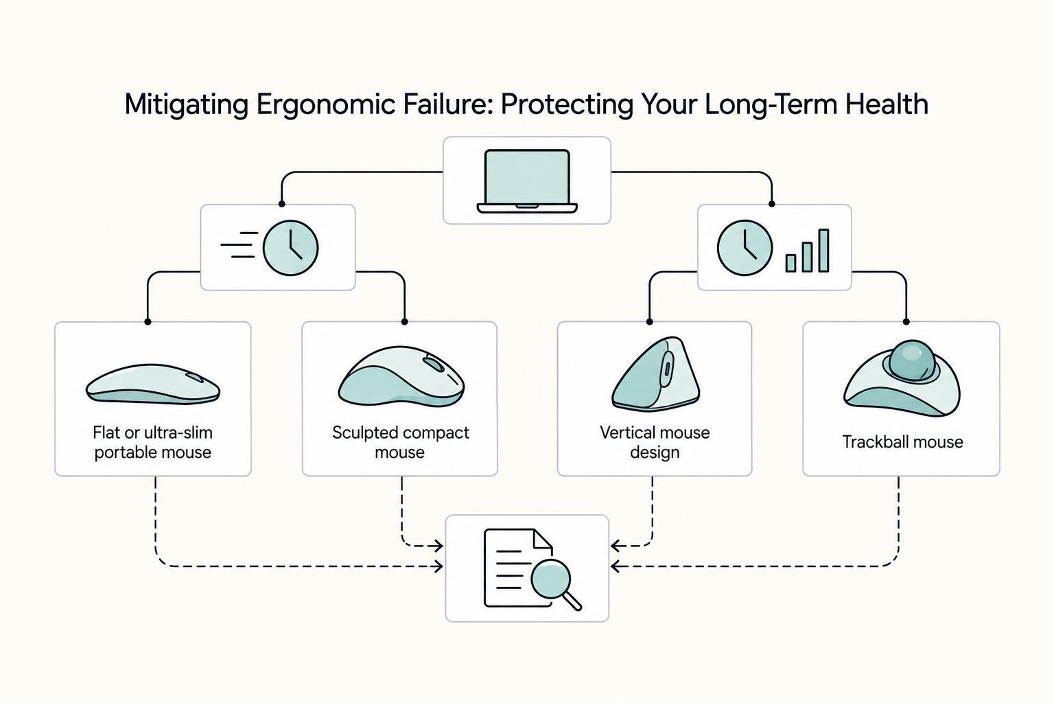 Mitigating Ergonomic Failure: Protecting Your Long-Term Health: Flat or ultra-slim portable mouse, Sculpted compact mouse, Vertical mouse design, and Trackball mouse.