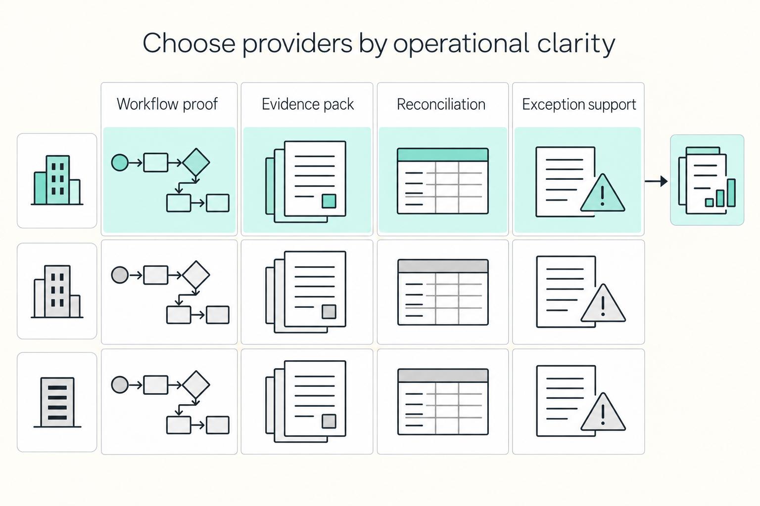 Choose providers by operational clarity: Workflow proof, Evidence pack, Reconciliation, and Exception support.