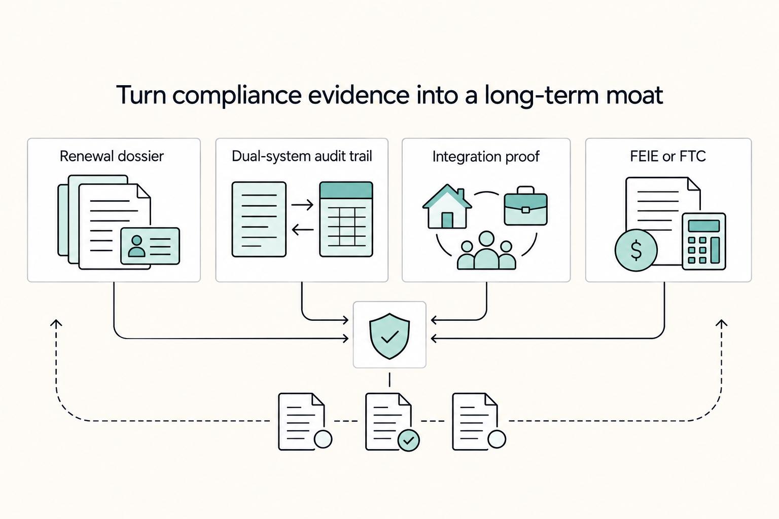 Turn compliance evidence into a long-term moat: Renewal dossier, Dual-system audit trail, Integration proof, and FEIE or FTC.