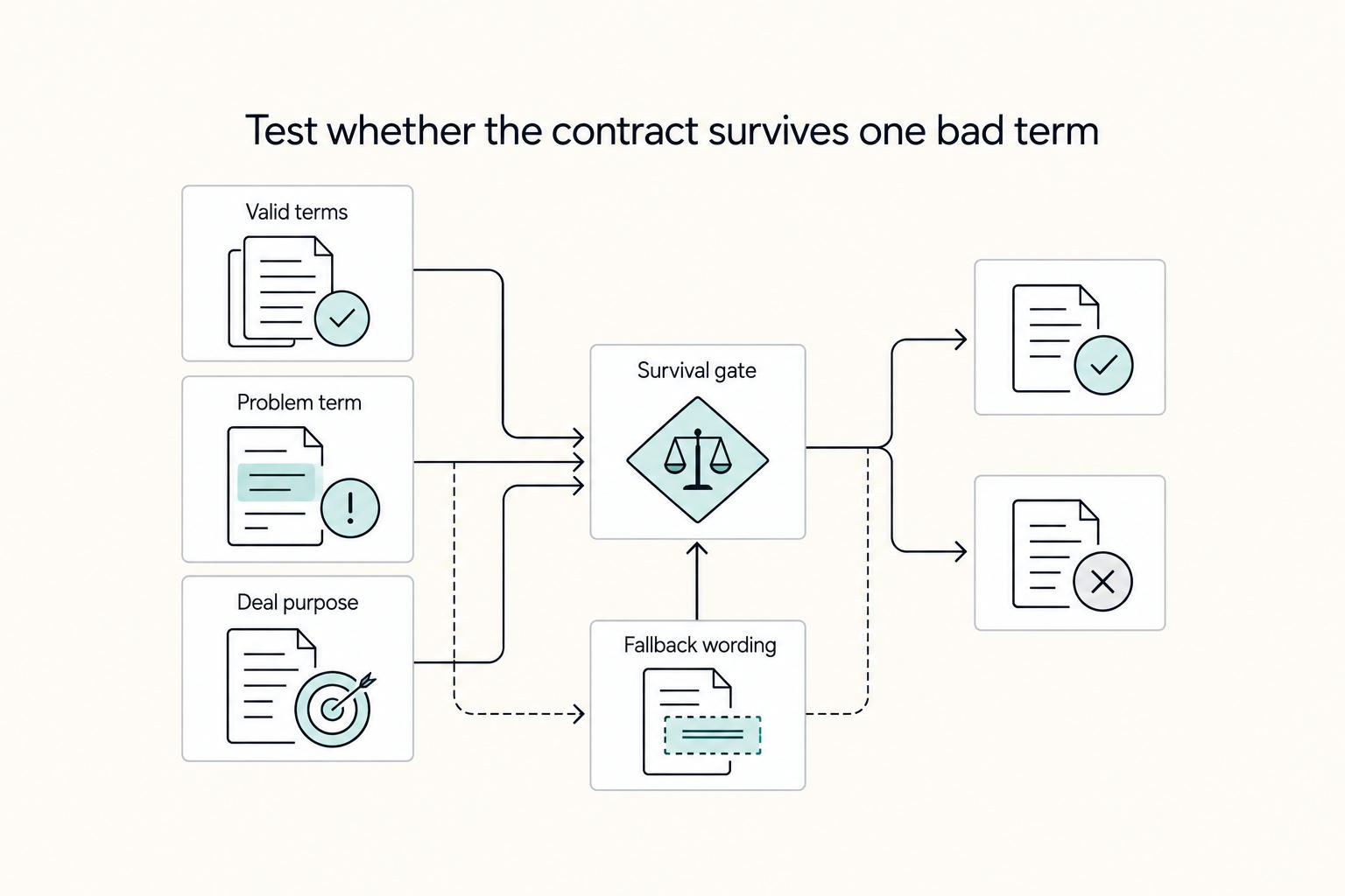 Test whether the contract survives one bad term: Valid terms, Problem term, Deal purpose, Fallback wording, and Survival gate.