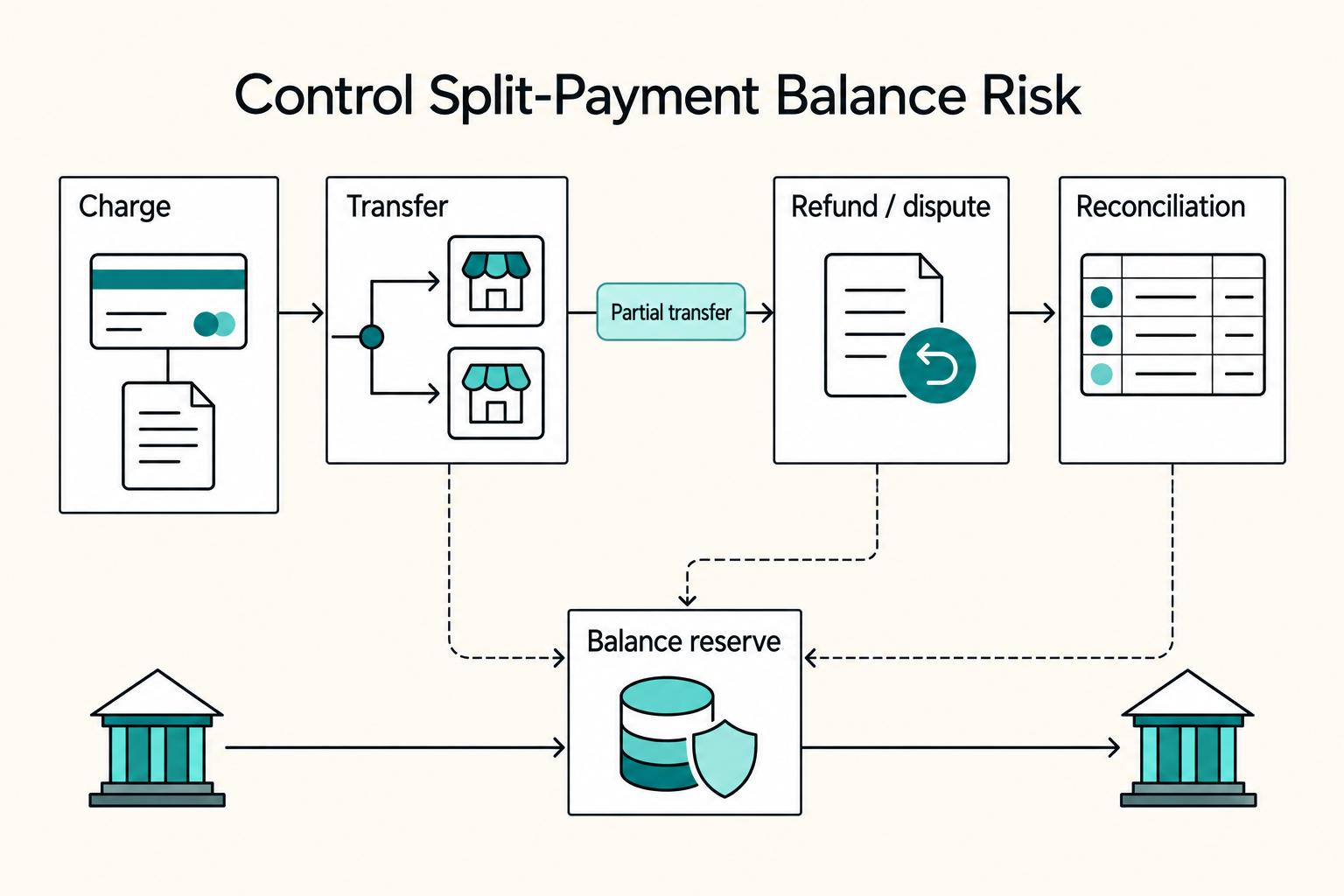 Control Split-Payment Balance Risk: Charge, Transfer, Refund / dispute, Balance reserve, and Reconciliation.